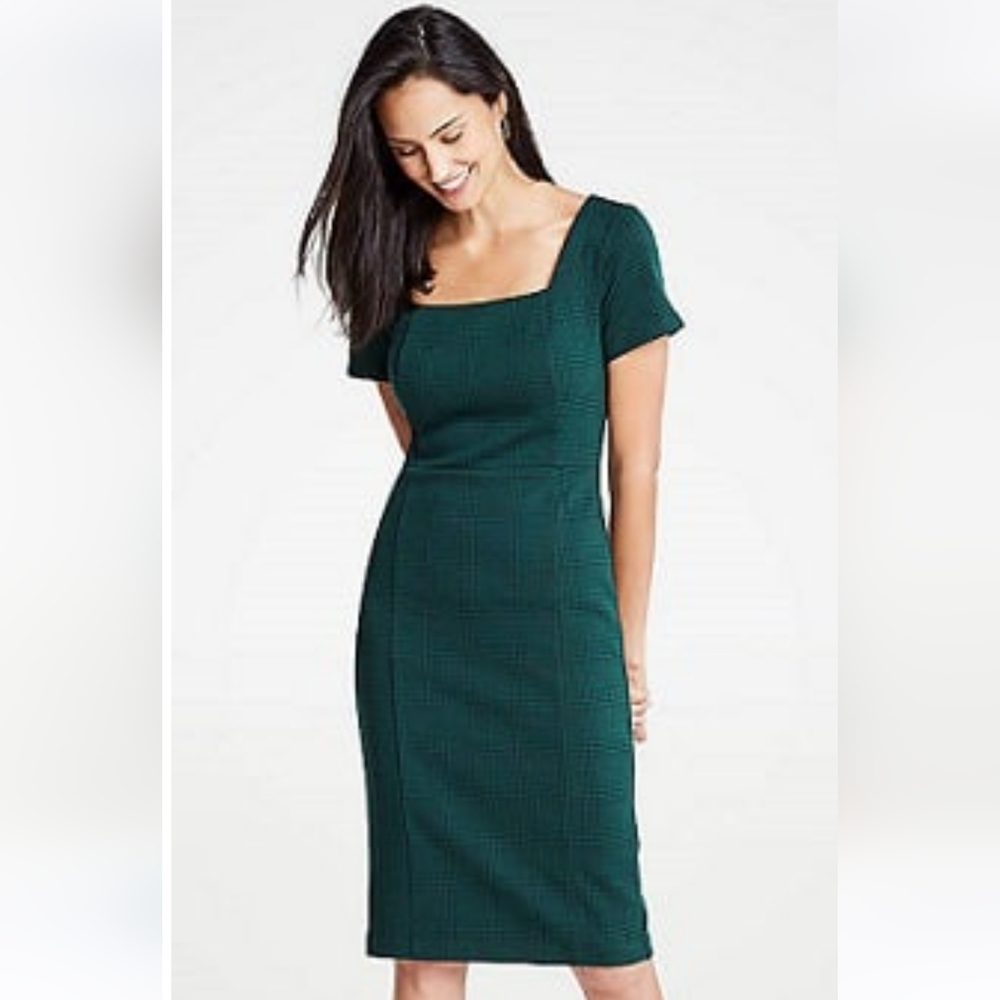NWT Ann Taylor Green Plaid Square Neck Sheath Dress Sz. 2